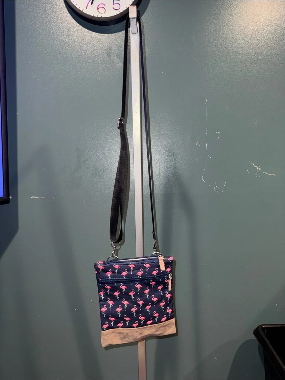 Navy Flamingo Crossbody Bag with Pink Print